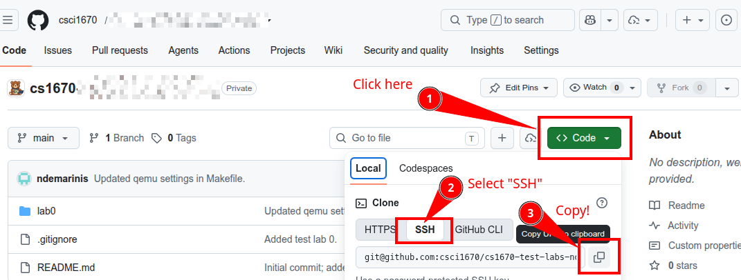 Copying SSH URL from github repo page
