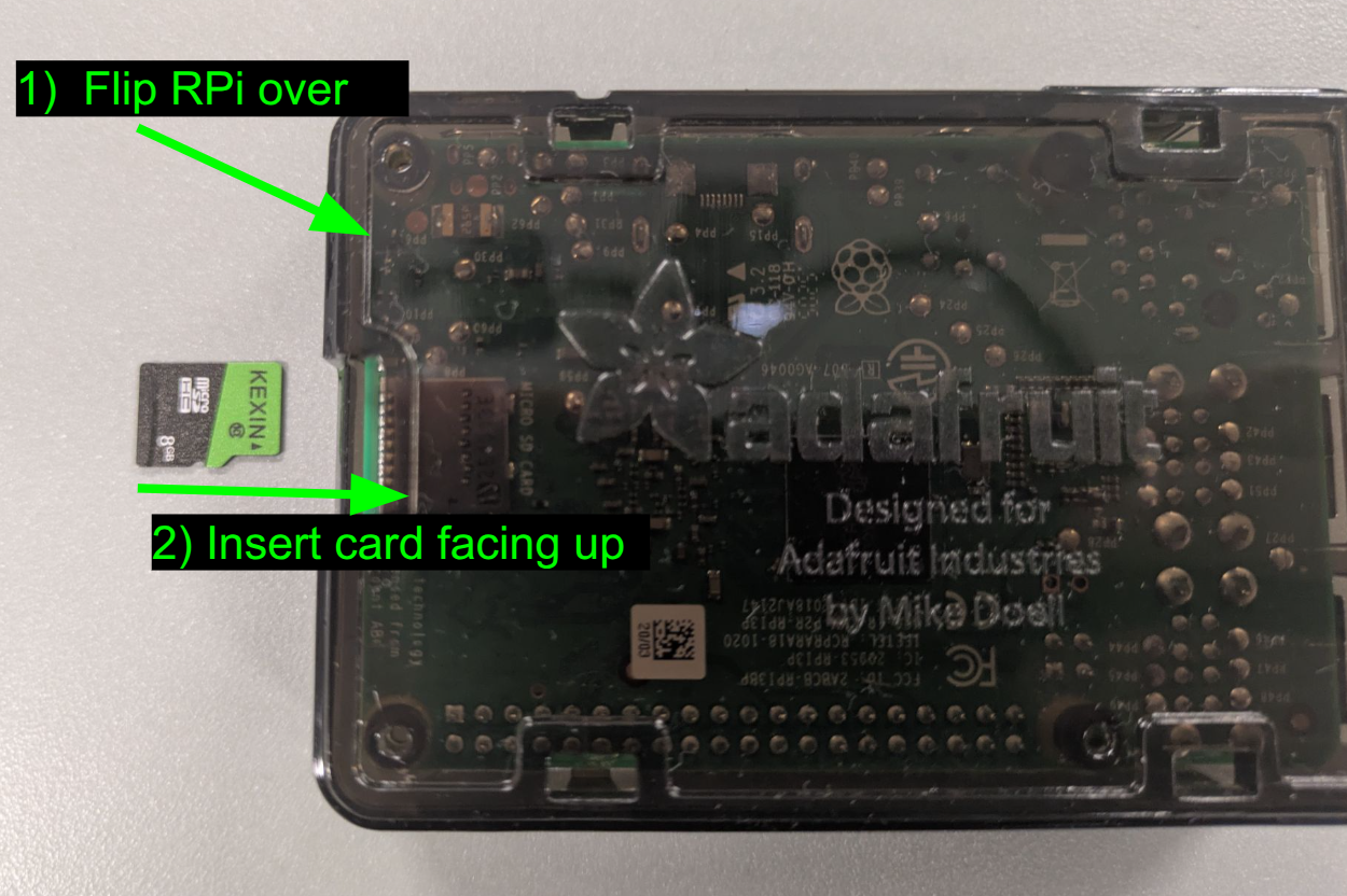 Orientation for inserting the microSD card.  With the Pi flipped over, the card should be label-side up, with the pins oriented toward the slot