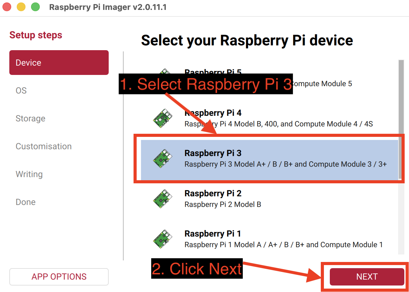 Raspberry Pi Imager device selection, with 'Raspberry Pi 3' selected