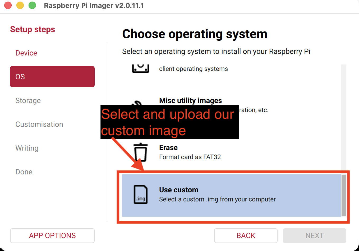 Raspberry Pi Imager OS selection, with the 'Use custom' option selected
