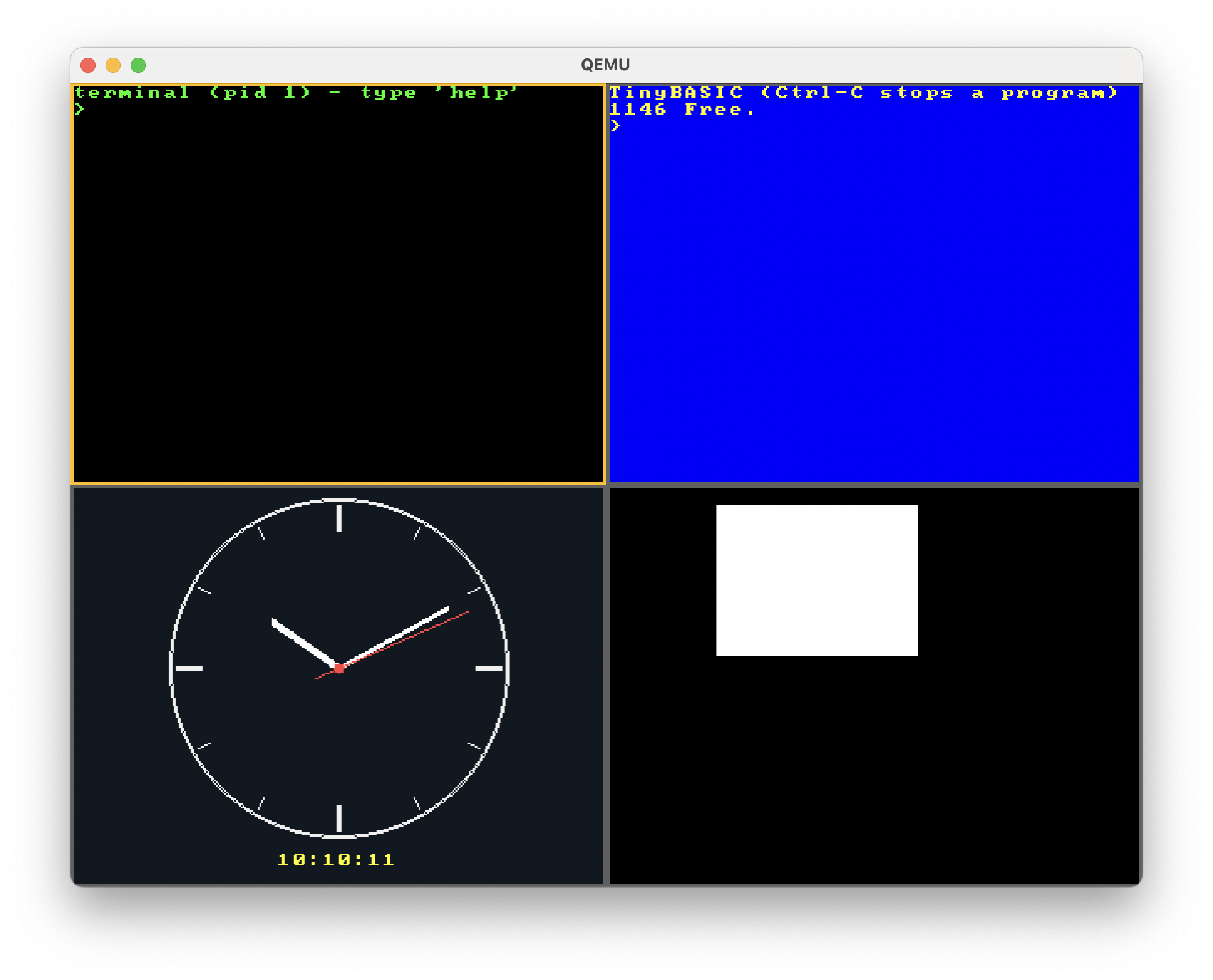 Example output of Project 3: four applications each running in windows next to each other on the screen.
