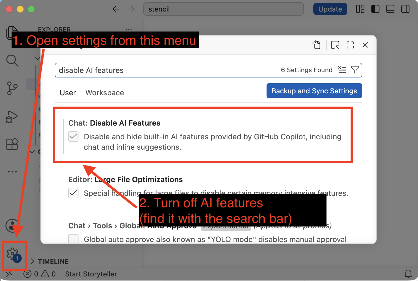 Menu option 'Chat: Disable AI features' in VS Code