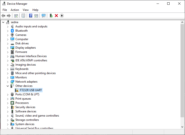 Windows Device Manager showing FT232R USB UART under 'Other devices' with a warning icon