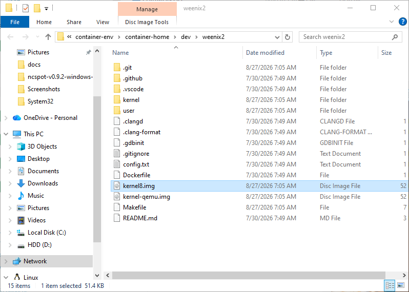 Windows File Explorer showing kernel8.img selected inside the project directory under the WSL filesystem