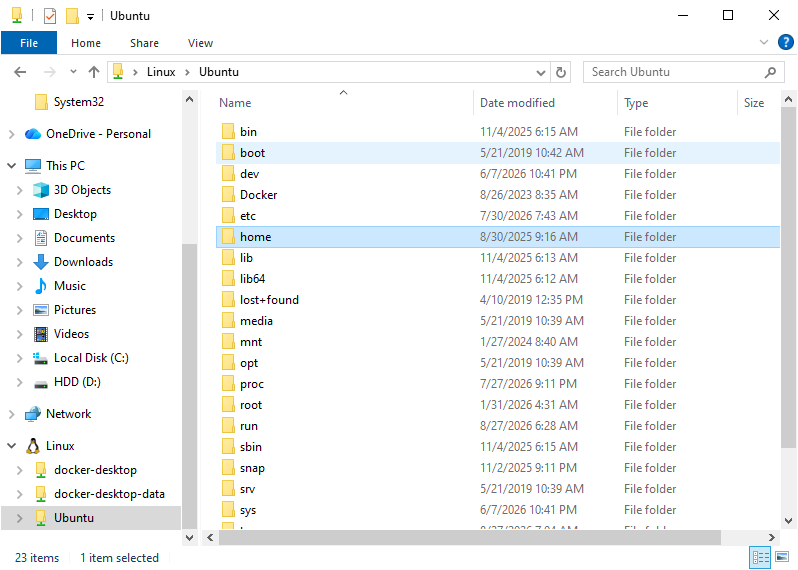 Windows File Explorer showing the Linux/Ubuntu entry in the sidebar and the WSL root directory
